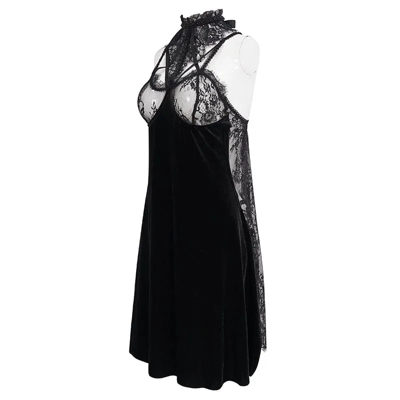 Women's Gothic Halterneck Backless Sexy Velet Nightgown