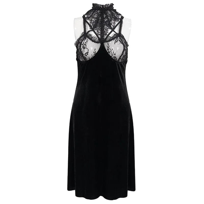 Women's Gothic Halterneck Backless Sexy Velet Nightgown